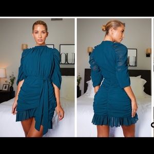 Emerald green ruched chiffon dress